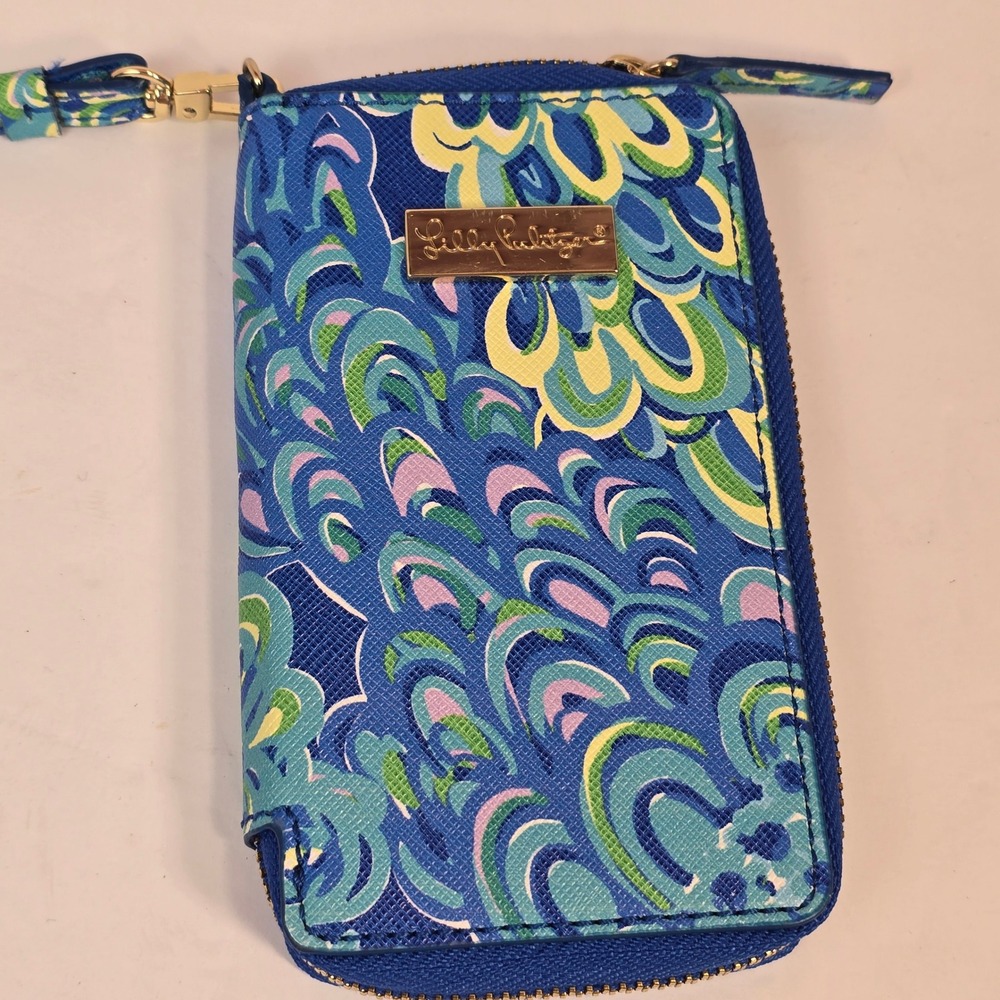 NEW Lilly Pulitzer Wristlet Wallet Blue Green Swirl Print Zip Around Phone Case